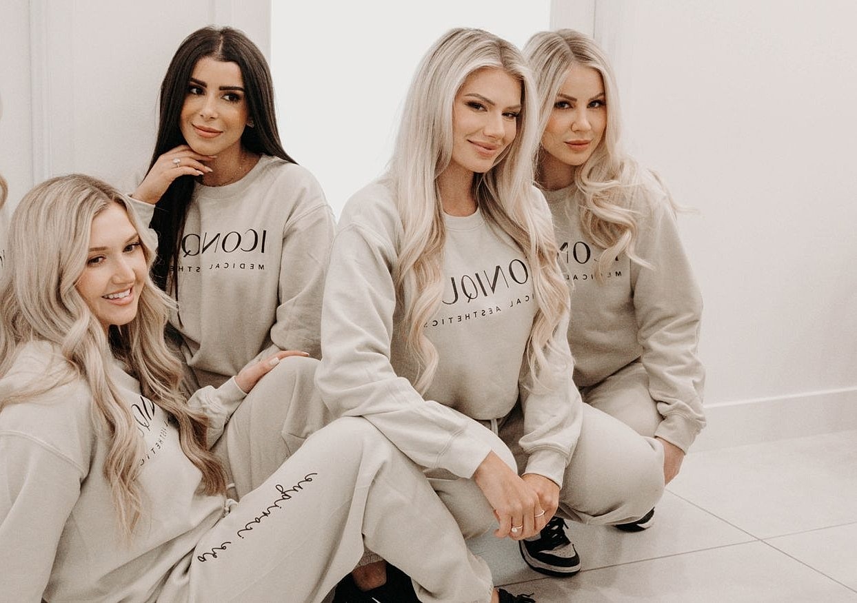 Five women in matching sweatshirts posing together.